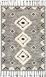 Close-up of the Gardner Cream on Gray Wool Tassel Rug. Hand-woven rug features diamond patterns and decorative tassels. Design-Rectangle-576