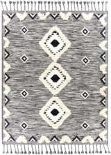 Close-up of the Gardner Cream on Gray Wool Tassel Rug, featuring a geometric pattern and fringe tassels. Design-Rectangle-810