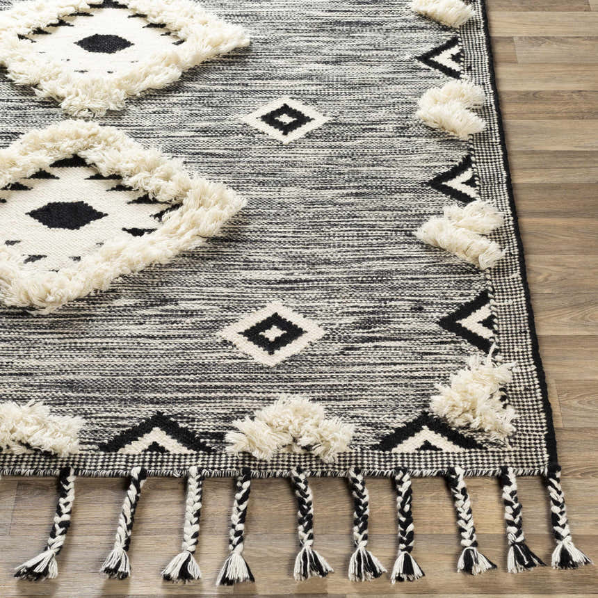 Close-up of the Gardner Cream on Gray Wool Tassel Rug, showcasing the woven texture, geometric pattern, and braided tassels. Front