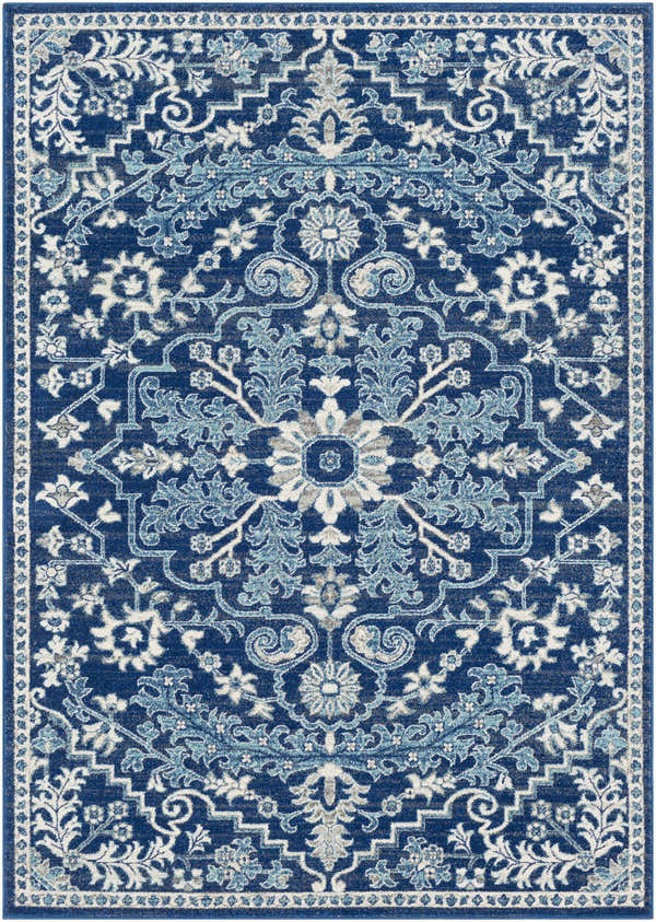 Detailed view of the Blue Bodrum Area Rug, featuring a traditional floral pattern in navy, light beige, and gray tones. Design-Rectangle-5373