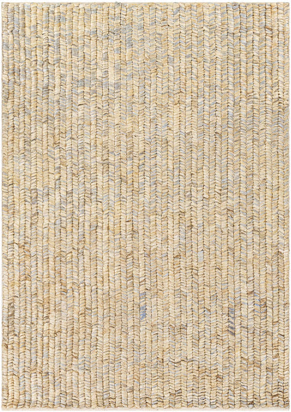 Close-up of hand woven Gresford Area Rug. Beige and gray jute rug with a subtle herringbone pattern. Design-Rectangle-576
