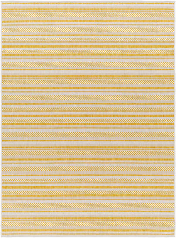Close-up of the Grian Area Rug. Beige and gold striped pattern, machine woven polypropylene rug. Design-Rectangle-5377