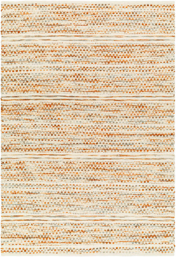 Close-up of Griet Hand Woven Wool Rug. Farmhouse style rug with beige, orange, gray, and light brown woven pattern. Design-Rectangle-576