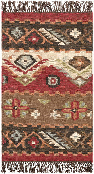 Close-up of the Grimsby Wool Area Rug. Hand woven rug with burgundy, brown, sage, and gray bohemian-style geometric patterns and fringe. Design-Rectangle-23