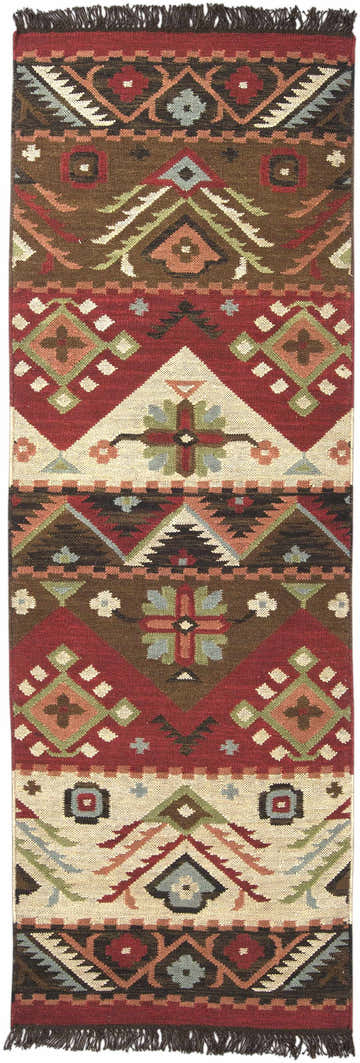 Detailed Grimsby Wool Area Rug close-up. Burgundy, brown, sage, and beige Southwestern geometric pattern and fringe. Design-Runner-268