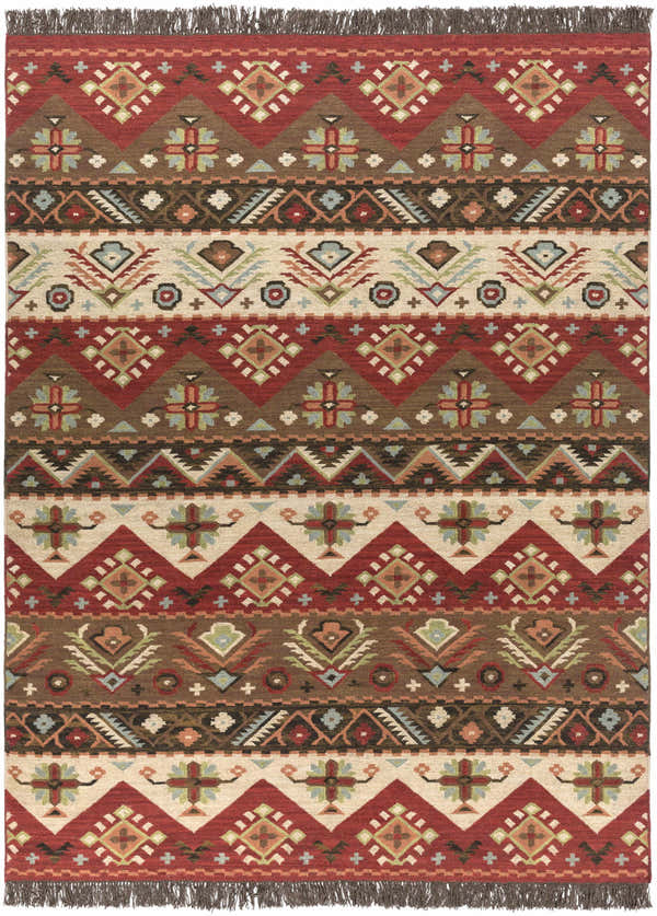 Close-up of the Grimsby Wool Area Rug. Features a bohemian, Southwestern-inspired design with burgundy, brown, and beige tones. Design-Rectangle-811