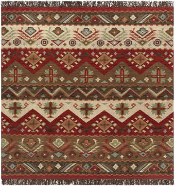 Close-up of the Grimsby Wool Area Rug showing its bohemian-inspired geometric pattern and rich burgundy, brown, and beige hues. Design-Square-8