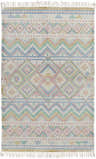 Close-up of the hand woven Granby Area Rug. Cotton rug with blue, olive, rose, and seafoam geometric pattern and fringe. Design-Rectangle-576