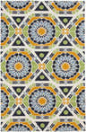 Close-up of the Greenough Area Carpet: a hand-knotted wool rug with burnt orange, blue, green, and ivory geometric pattern. Design-Rectangle-58