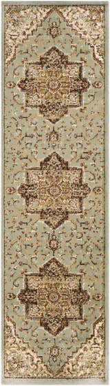Close-up of the Granger Area Rug, a runner with a traditional oriental design in sage, beige, and brown tones. Design-Runner-2276