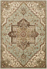 Close-up of Granger Area Rug. Traditional rug with burgundy, brown, beige, sage, and tan colors. Oriental pattern. Design-Rectangle-5376