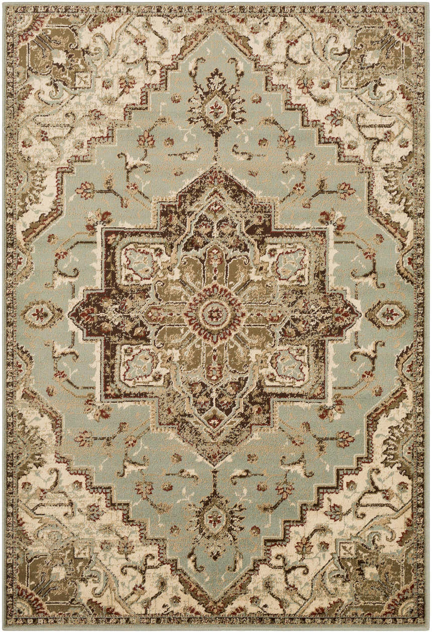 Close-up of Granger Area Rug. Traditional rug with burgundy, brown, beige, sage, and tan colors. Oriental pattern. Design-Rectangle-5376