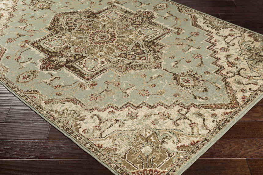 Close-up of the Granger Area Rug featuring a traditional oriental design in sage, beige, brown, and burgundy. Corner
