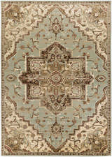 Detailed close-up of a Granger Area Rug. Bohemian style rug in burgundy, dark brown, light beige, sage, and tan. Design-Rectangle-79112