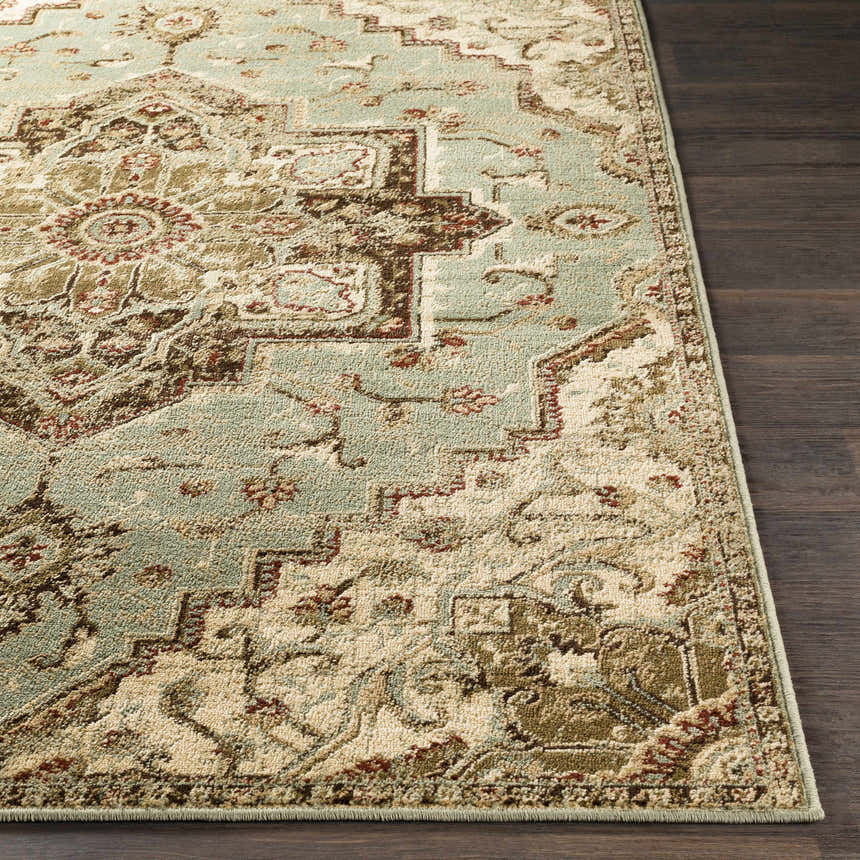 Close-up of the Granger Area Rug. Features a traditional design in burgundy, brown, beige, sage, and tan. Front