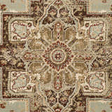 Close-up of the Granger Area Rug. Features a traditional oriental pattern in burgundy, brown, beige, sage, and tan. Swatch