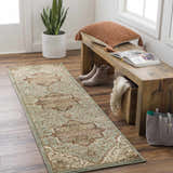 Entryway with Granger Area Rug runner in sage, burgundy, and beige. Rustic bench, wood floors, and natural light. Roomscene-Runner