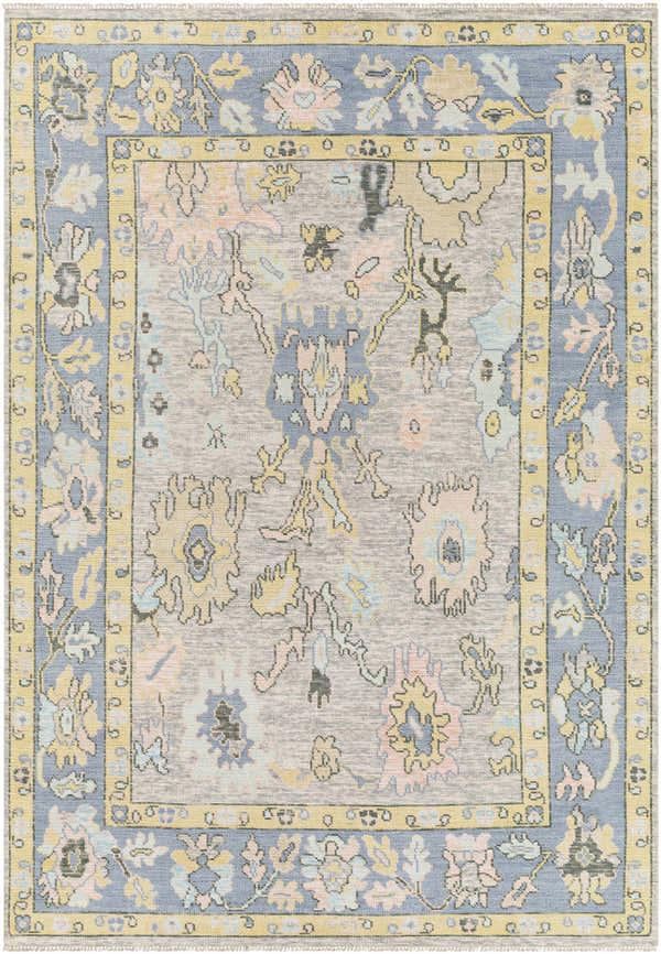 Close-up of the hand-knotted Greenwith Premium Wool Rug. Features a traditional floral pattern in blush, denim, and light gray. Design-Rectangle-69