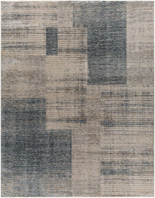 Close-up of the Grapeview Luxe Fringe Rug. Features a geometric pattern in cream, gray, light beige, and teal. Design-Rectangle-710103