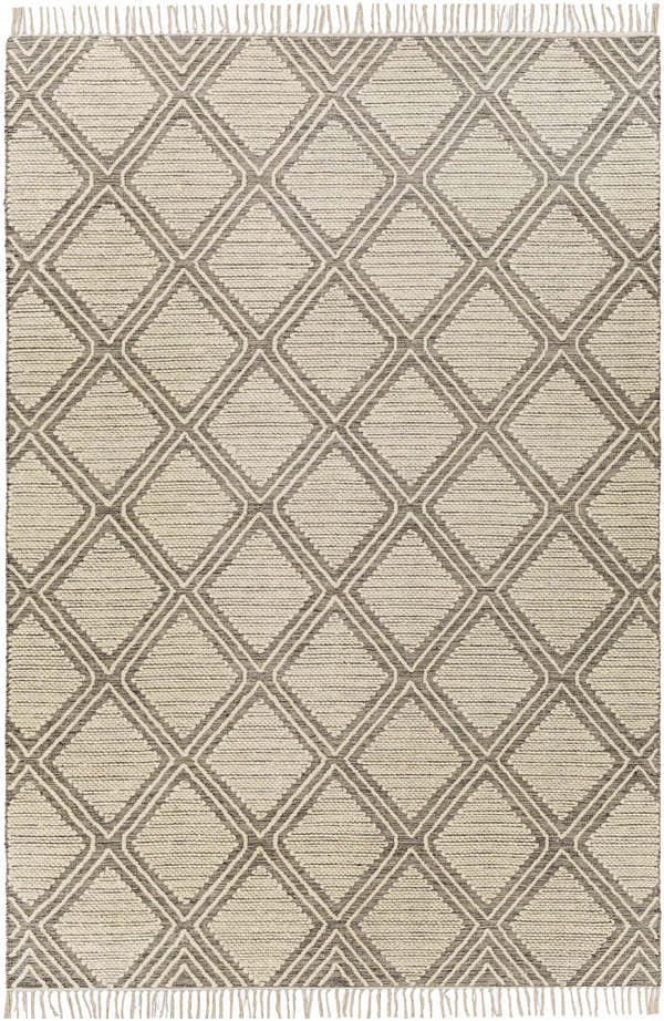 Close-up of the Grasston Area Rug; a hand-woven cotton and wool rug with a black, cream, and gray geometric diamond pattern. Design-Rectangle-69