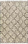 Close-up of the Grasston Area Rug; a hand-woven cotton and wool rug with a black, cream, and gray geometric diamond pattern. Design-Rectangle-69