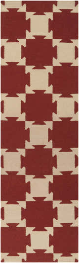 Close-up of the hand woven Grubbs Area Carpet. Beige and burgundy geometric pattern on 100% wool. Design-Runner-268
