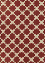 Close-up of the Grubbs Area Carpet. Hand-woven wool rug with a beige and burgundy geometric pattern. Design-Rectangle-811