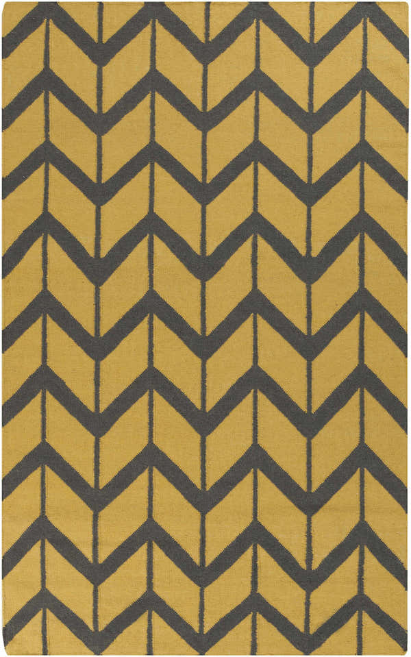 Close-up of Groves Area Rug. Hand-woven wool rug in charcoal and mustard chevron pattern. Contemporary, farmhouse style. Design-Rectangle-58