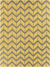 Close-up of Groves Area Rug. Hand-woven wool rug with a contemporary chevron pattern in mustard yellow and charcoal gray. Design-Rectangle-811