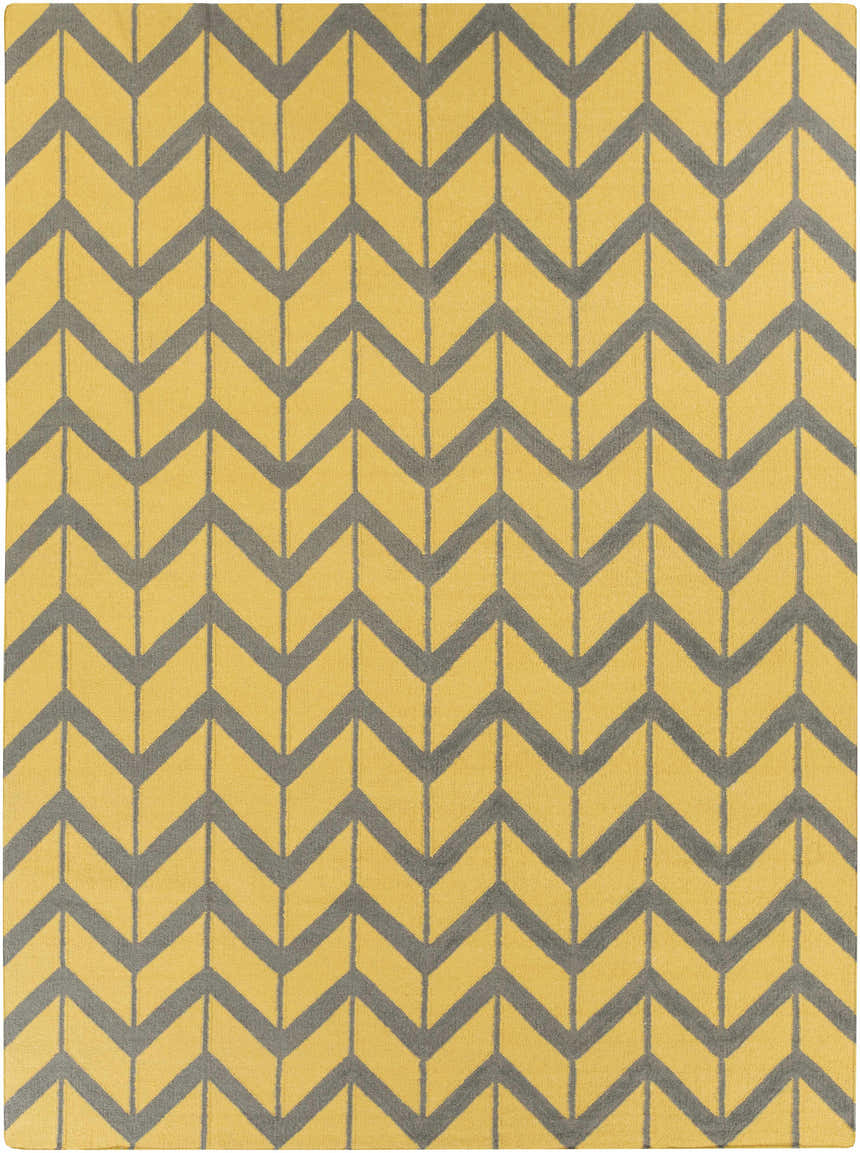 Close-up of Groves Area Rug. Hand-woven wool rug with a contemporary chevron pattern in mustard yellow and charcoal gray. Design-Rectangle-811