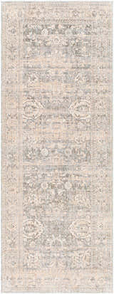Close-up of the Guiwanon Area Rug, a cream, gray, and peach farmhouse style rug with a traditional, machine-woven pattern. Design-Runner-338
