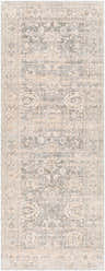 Close-up of the Guiwanon Area Rug, a cream, gray, and peach farmhouse style rug with a traditional, machine-woven pattern. Design-Runner-338