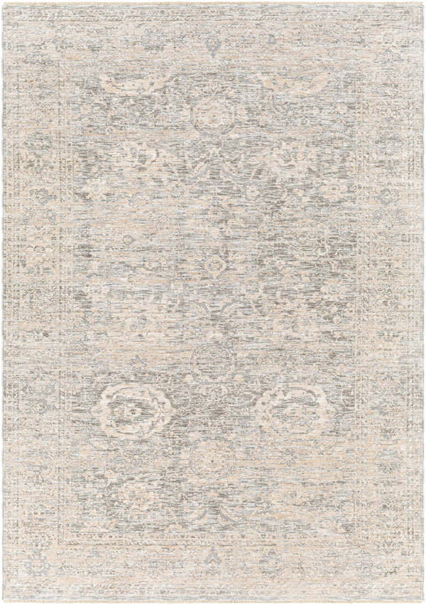 Close-up of the Guiwanon Area Rug. Farmhouse style rug in cream, gray, and peach with a traditional, machine-woven pattern. Design-Rectangle-582