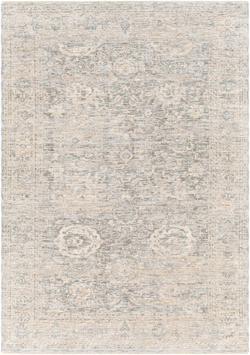 Close-up of the Guiwanon Area Rug. Farmhouse style rug in cream, gray, and peach with a traditional, machine-woven pattern. Design-Rectangle-582