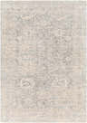 Close-up of the Guiwanon Area Rug. Farmhouse style rug in cream, gray, and peach with a traditional, machine-woven pattern. Design-Rectangle-582