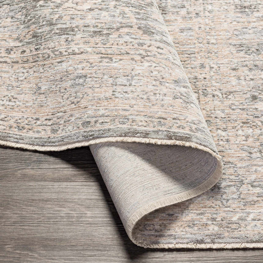 Close-up of the Guiwanon Area Rug showing its cream, gray, and peach traditional pattern and machine-woven texture. Fold