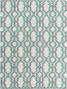 Close-up of the Gulliver Area Rug. Hand-woven wool rug with a contemporary trellis pattern in charcoal, emerald, and ivory. Design-Rectangle-811