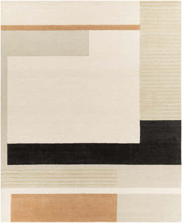 Close-up of the Gungahlin Area Rug. Geometric design in black, light beige, peach, and tan wool. Hand-tufted texture. Design-Rectangle-810