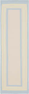 Close-up of the hand woven Hackberry Area Rug. Ivory center with light blue, olive, and yellow border stripes. Design-Runner-268