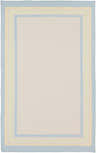 Close-up of the hand-woven Hackberry Area Rug. Ivory rug with light blue, light olive, and yellow border stripes. Design-Rectangle