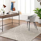 Home office with a light brown desk and gray chair on a neutral Hadas Area Rug. Roomscene-Rectangle