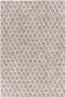 Close-up of Haddix Premium Leather Rug. Beige, cream, and gray hair-on-hide rug with a geometric lattice pattern. Design-Rectangle-576