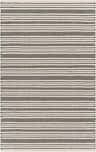Close-up of Hagnaya Area Carpet: beige cotton rug with black geometric, Southwestern-style stripes. Hand woven texture. Design-Rectangle-576