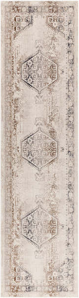 Close-up of the Hainesville White Medallion 10' Runner Rug. Farmhouse style with traditional medallion pattern in white, brown, and gray. Design-Runner-29103