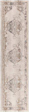 Close-up of the Hainesville White Medallion 10' Runner Rug. Farmhouse style with traditional medallion pattern in white, brown, and gray. Design-Runner-29103