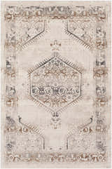 Close-up of the Hainesville White Medallion 10' Runner Rug. Farmhouse style rug with neutral tones and traditional medallion pattern. Design-Rectangle-5710