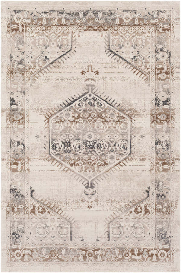Close-up of the Hainesville White Medallion 10' Runner Rug. Farmhouse style rug with neutral tones and traditional medallion pattern. Design-Rectangle-5710