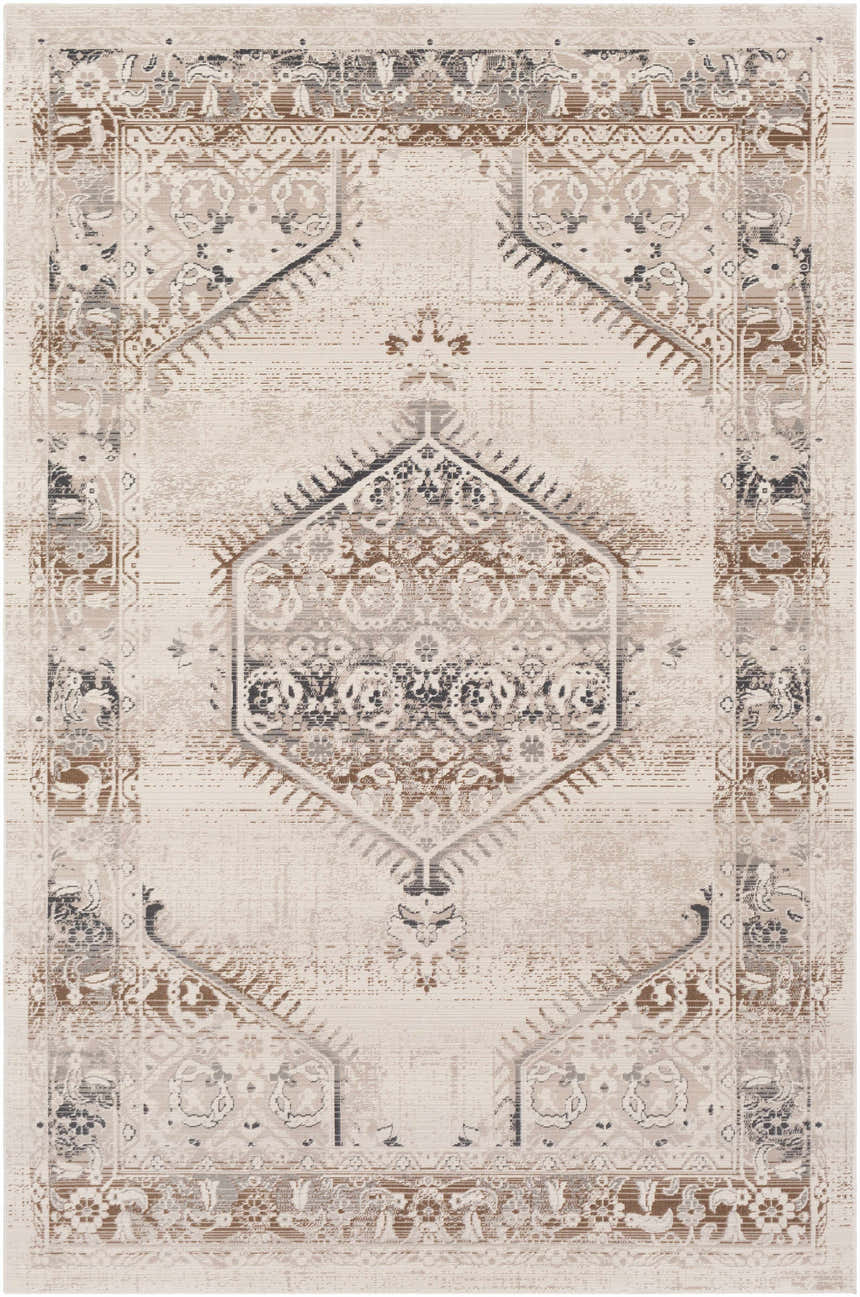 Close-up of the Hainesville White Medallion 10' Runner Rug. Farmhouse style rug with neutral tones and traditional medallion pattern. Design-Rectangle-5710