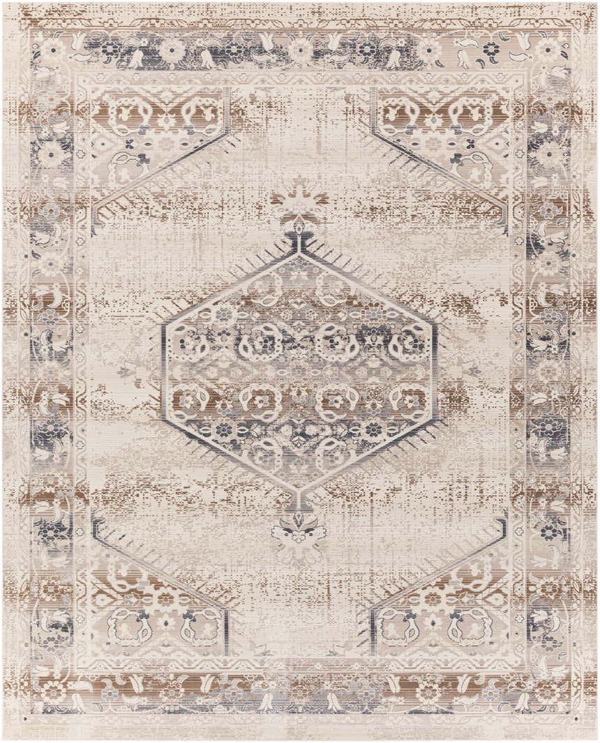 Hainesville White Medallion 10' Runner Rug, a farmhouse style rug with traditional medallion pattern in neutral beige, brown, and blue tones. Design-Rectangle-710103