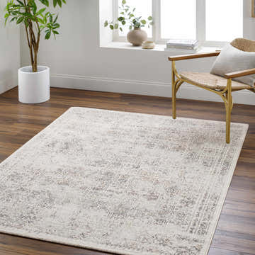 Living room scene with the Hajar Area Rug in ash, light silver, and off white. Farmhouse style with wood floors and woven chair. Roomscene-Rectangle